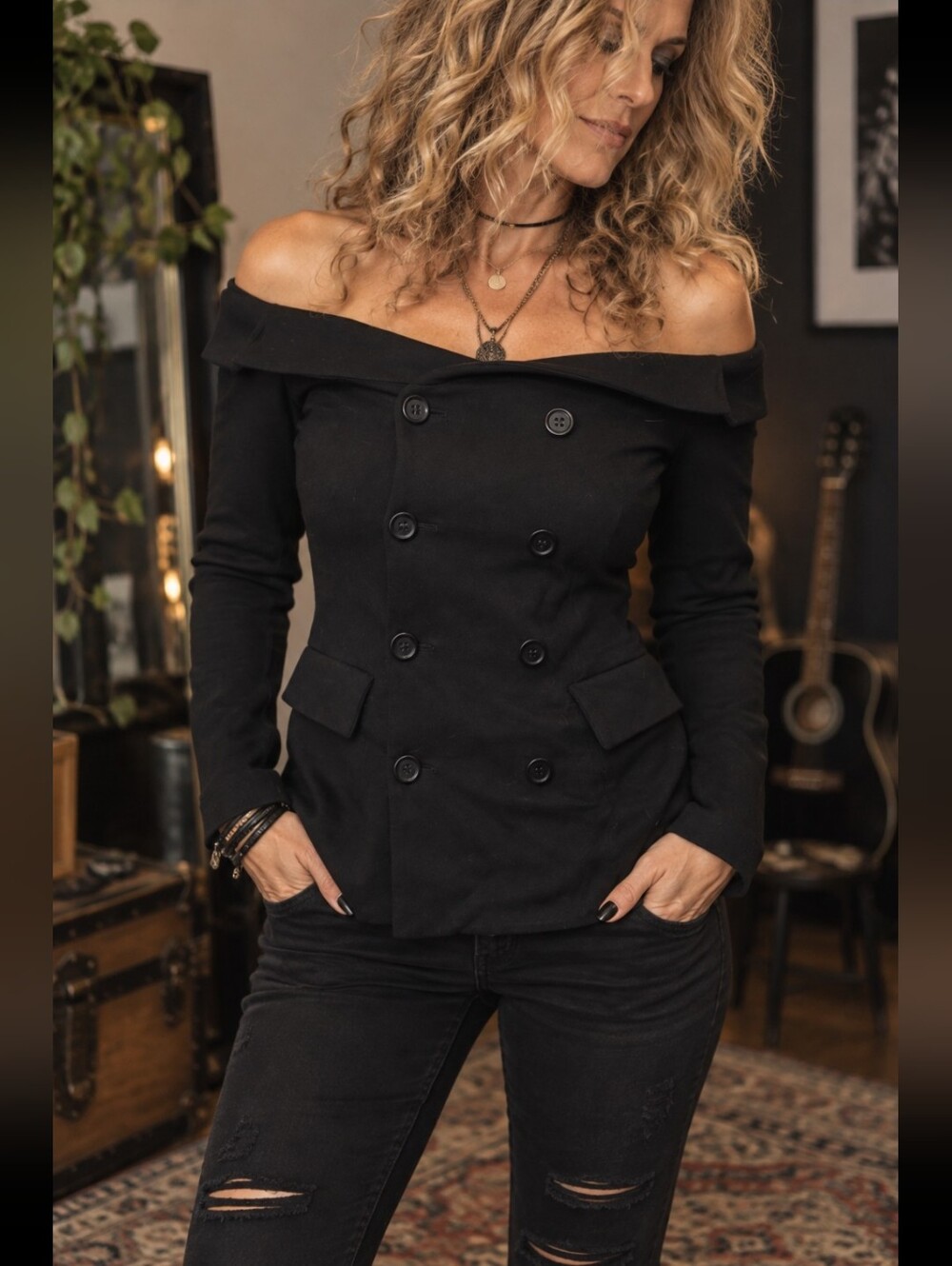 Bailey 44 Black Off-Shoulder Double-Breasted Knit Blouse